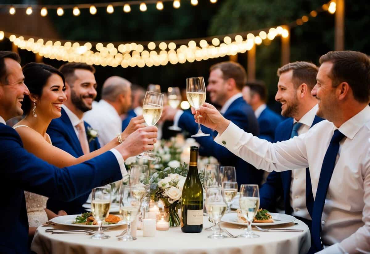 Guests mingle at the groom's dinner, clinking glasses and laughing under twinkling lights