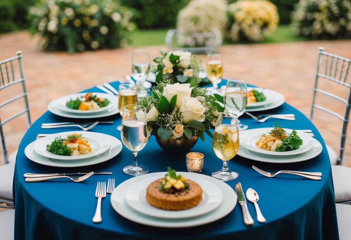 A table set with place settings and a variety of food and drink for the groom's dinner