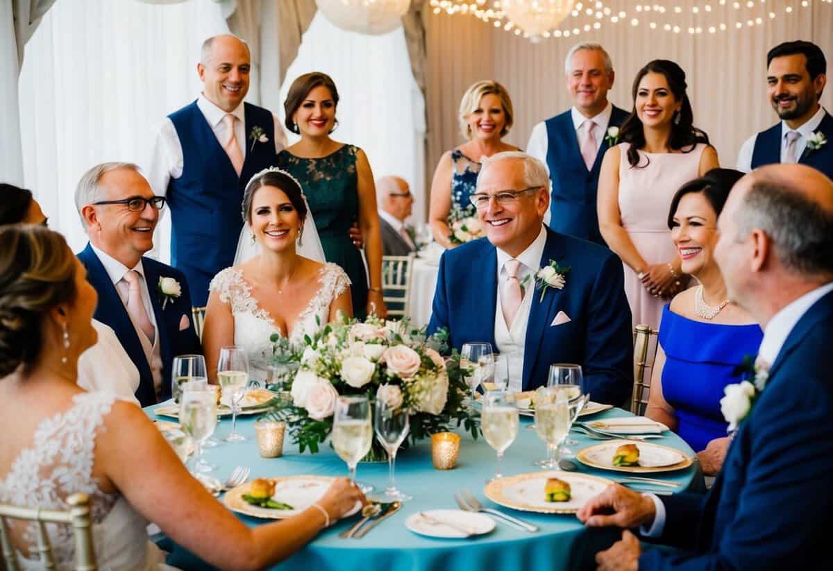 Parents of the bride sit at a decorated table, surrounded by family and friends, smiling and enjoying the wedding festivities