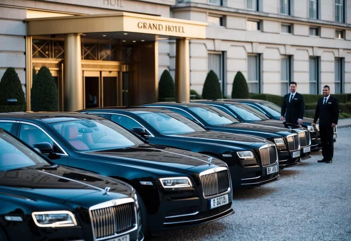 A row of sleek, black luxury cars lined up in front of a grand hotel entrance. A chauffeur stands beside each car, ready to assist