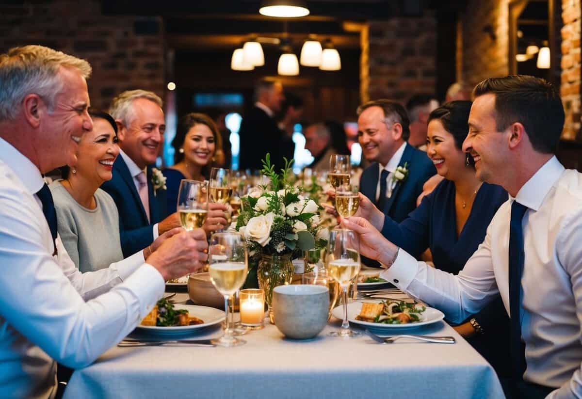 Families and friends gather in a cozy restaurant for the groom's dinner, sharing laughter and toasting to special moments