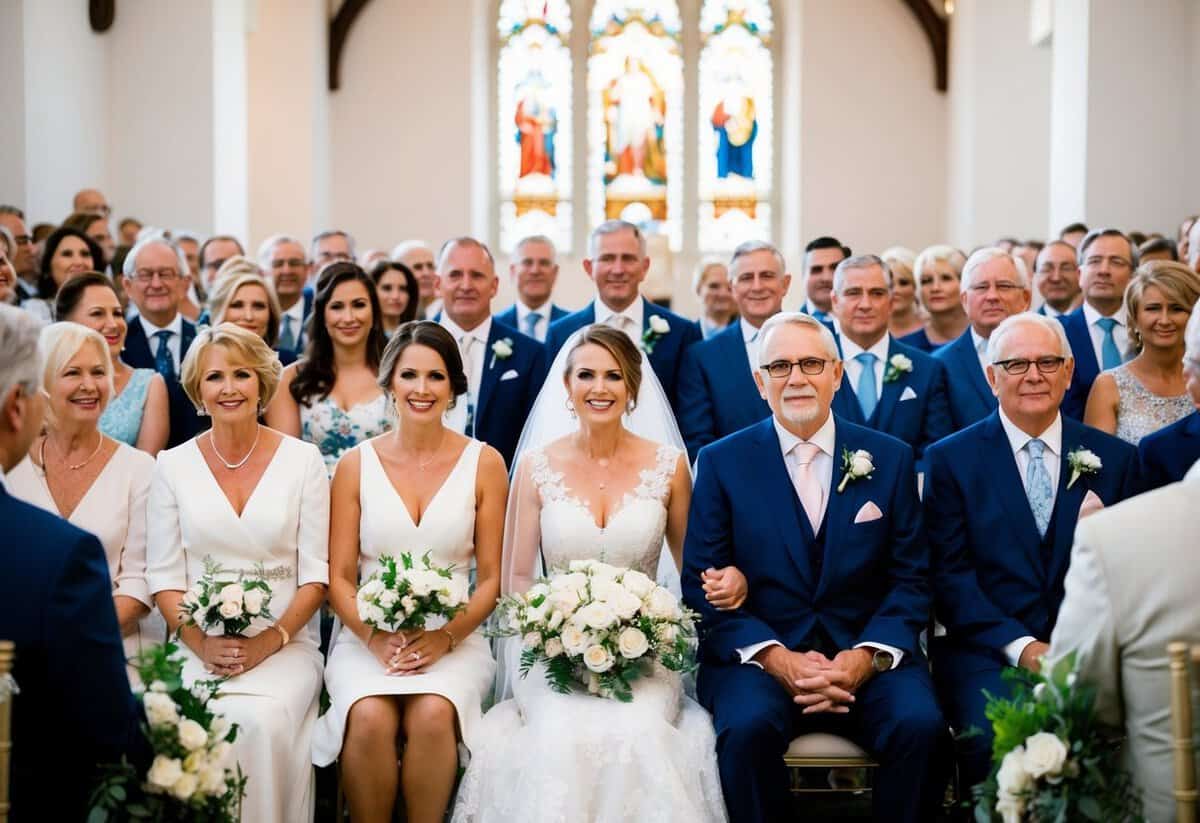 The bride's parents sit at the front of the ceremony, flanked by close family members and honored guests