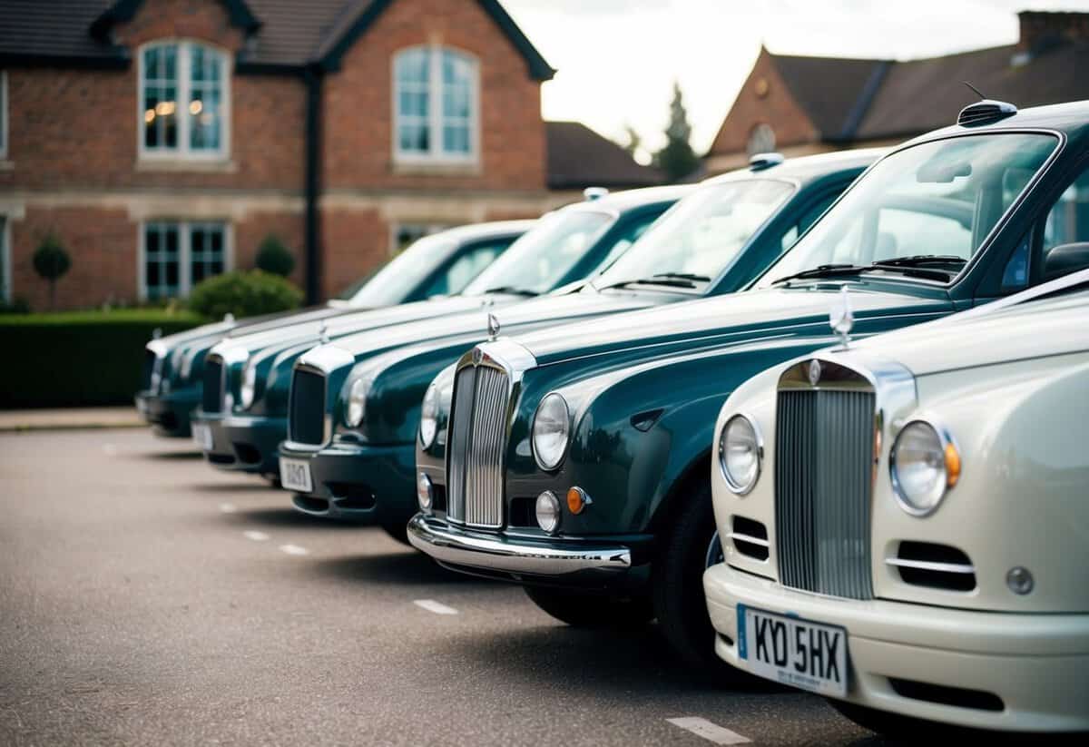 A line of elegant wedding cars parked outside a venue, ready for the bride and groom