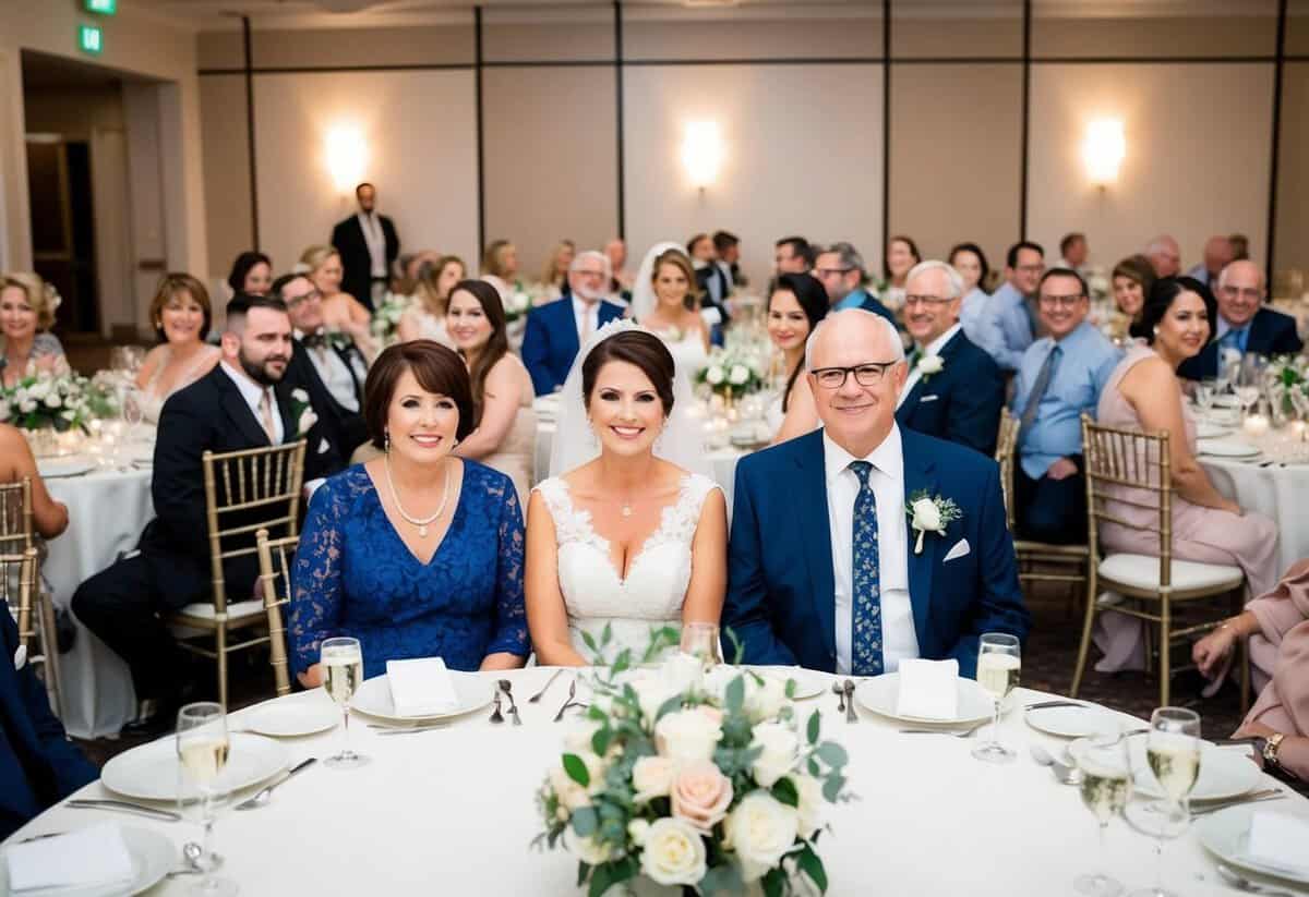The bride's parents sit at the head table, flanked by close family and friends. Other guests are seated at round tables throughout the reception area