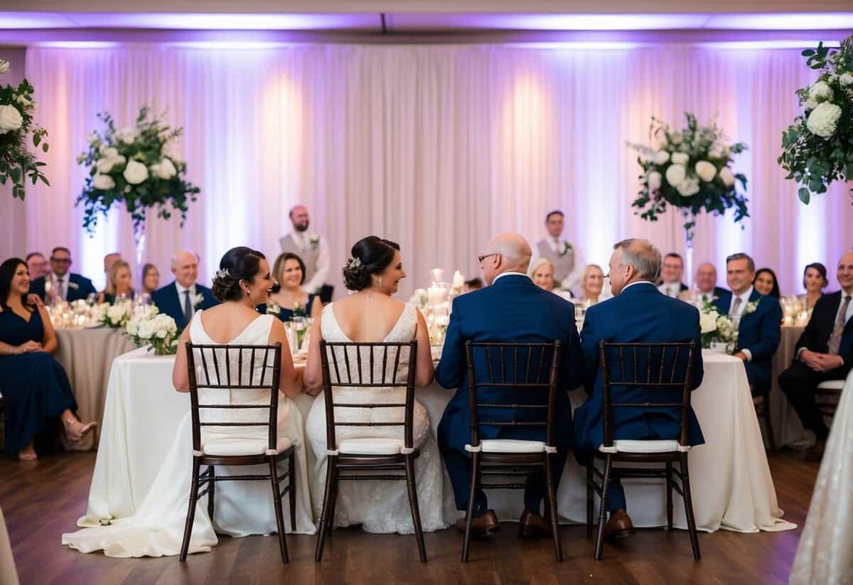A wedding reception with designated inclusive seating for the bride's parents, featuring comfortable and accessible seating arrangements for all guests