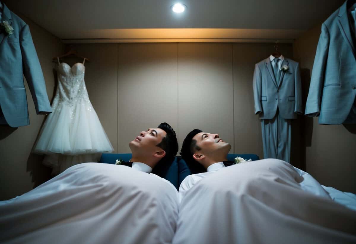 A couple lying in separate beds, gazing at the ceiling with anticipation. The room is dimly lit, and their wedding attire hangs neatly on a nearby chair