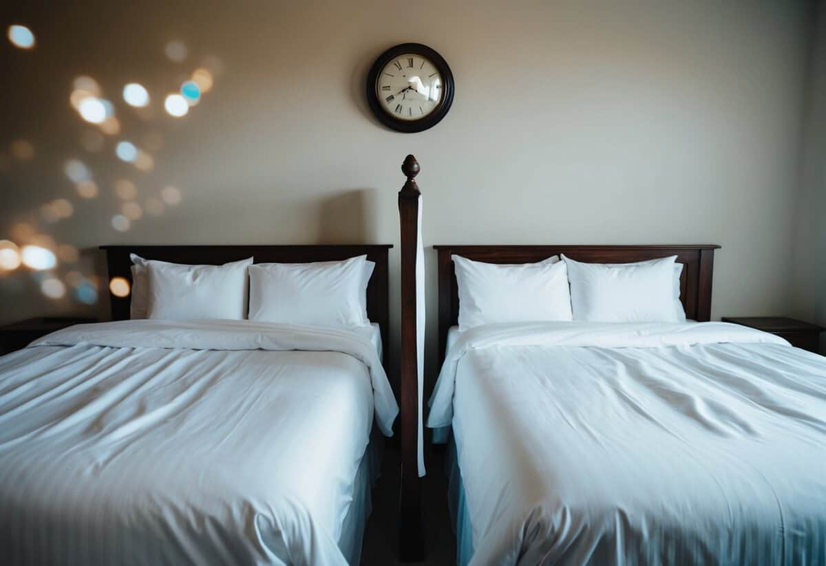 A couple's separate beds, side by side, draped in white sheets, with a symbolic barrier between them. An old-fashioned clock on the wall shows the passing of time