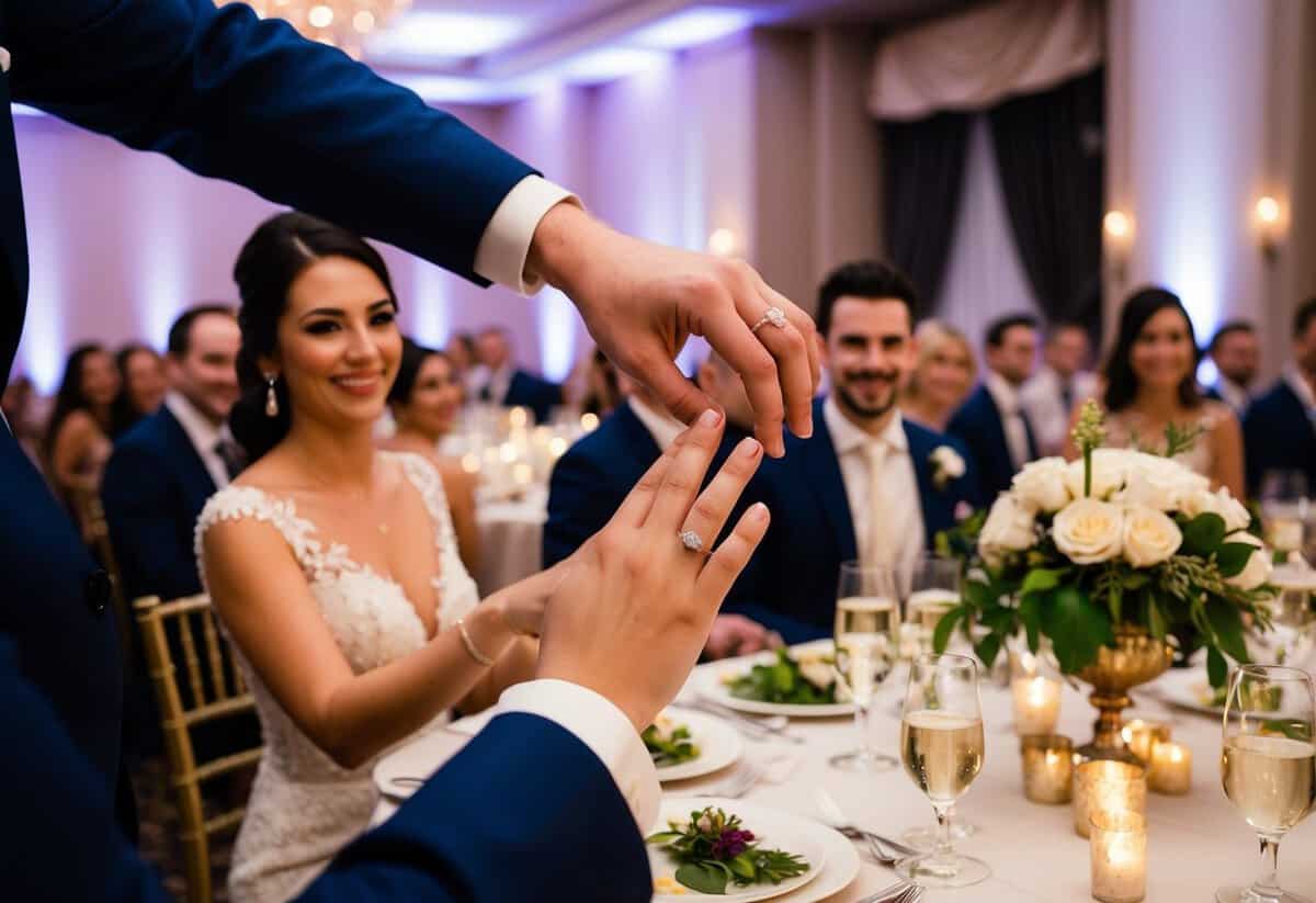 A groom's hand placing a ring on a bride's finger, surrounded by a lavish wedding banquet with guests enjoying the celebration