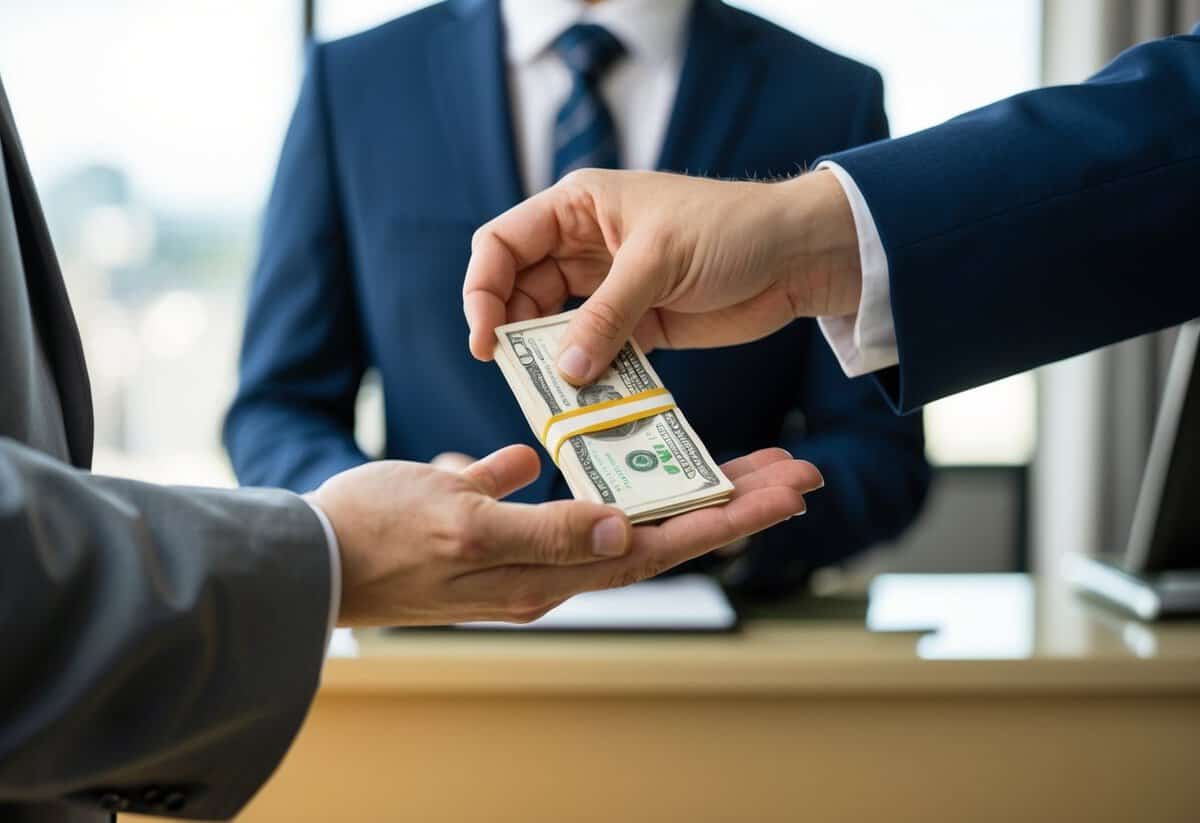 A groom's hand placing a wad of cash into a hotel receptionist's palm