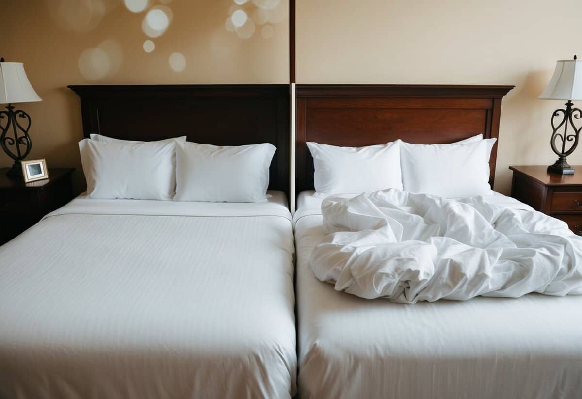 A couple's bed separated by a symbolic barrier, with one side neatly made and the other side rumpled, representing the tradition of spending the night apart before the wedding