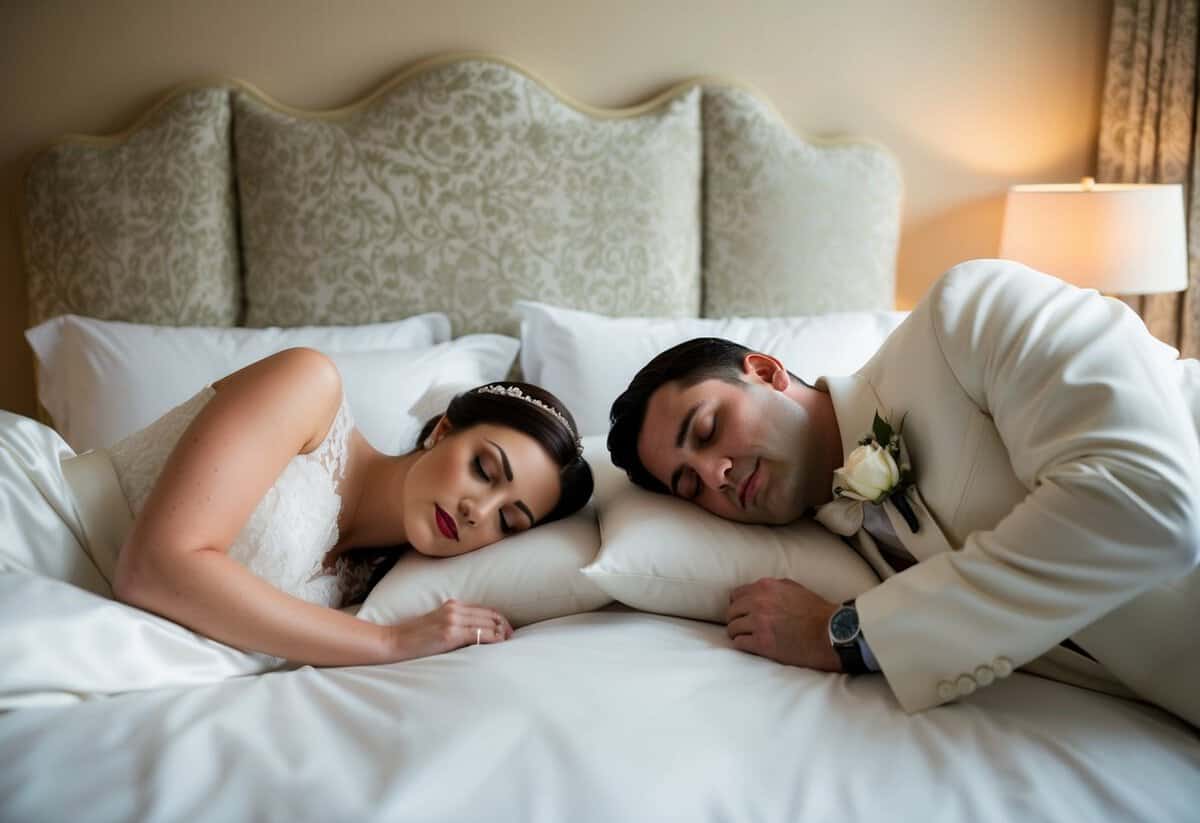A bride and groom each sleep peacefully in their separate, elegantly decorated rooms the night before their wedding
