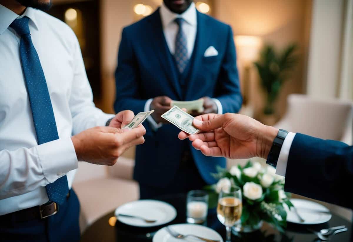 A couple's hands exchanging money with a hotel concierge, while discussing arrangements for the pre-wedding evening