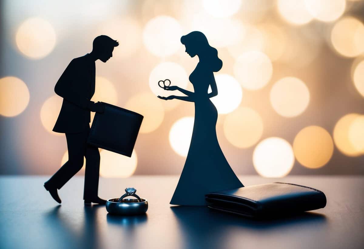 A couple's silhouette with a wallet and wedding rings on a table, with one figure reaching for the wallet