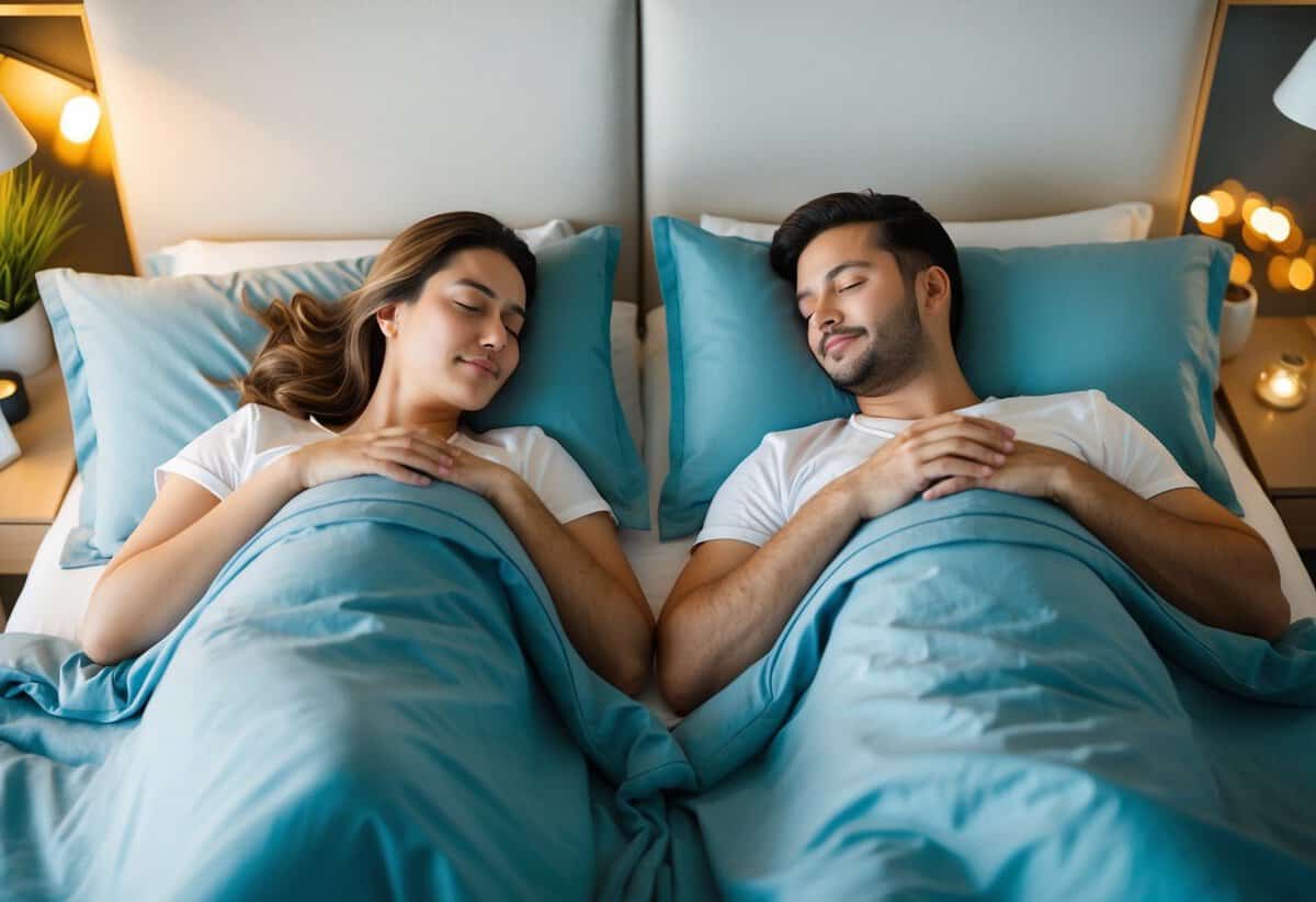 A couple lying in separate beds, each with a serene expression, surrounded by calming elements such as soft lighting, soothing colors, and comfortable bedding