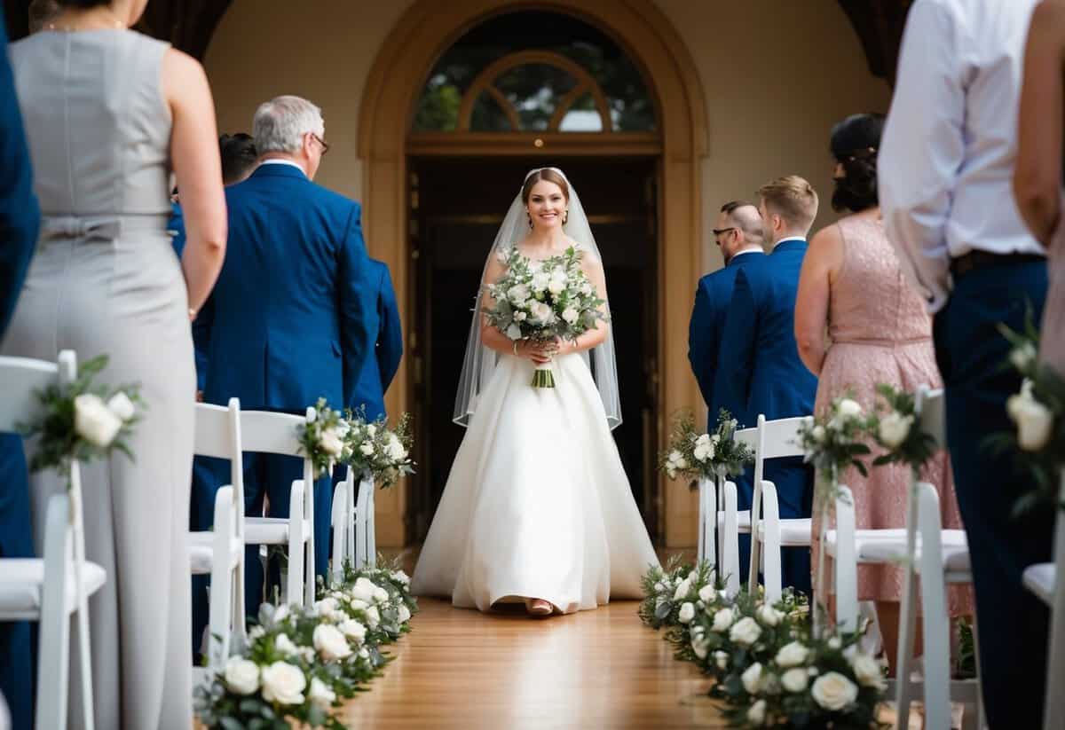 A figure stands at the end of the aisle, leading the bride forward with a sense of calm and support