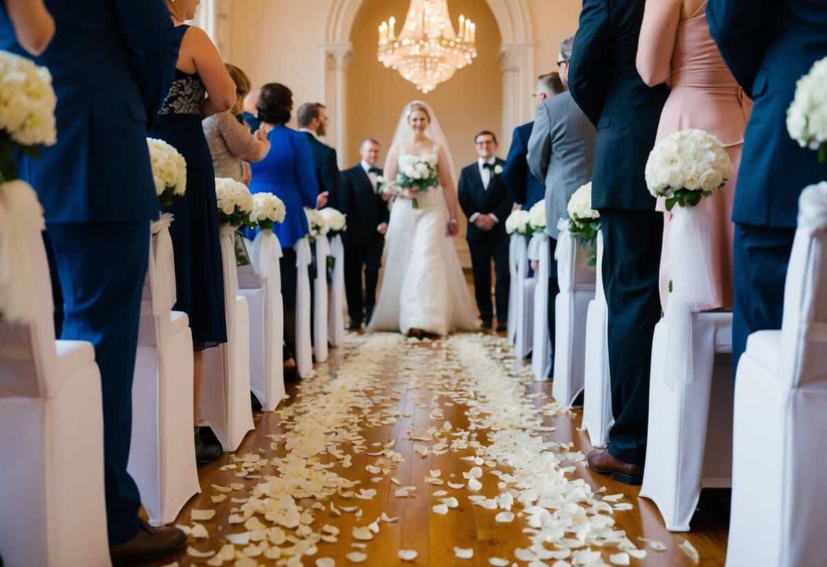 A figure walks down the flower-lined aisle, petals scattered underfoot, as music fills the air
