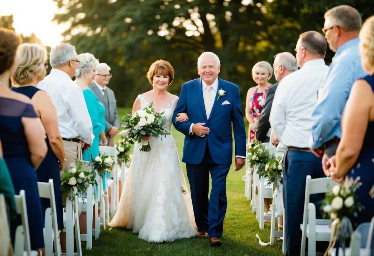 An older family member or close friend walks the bride down the aisle