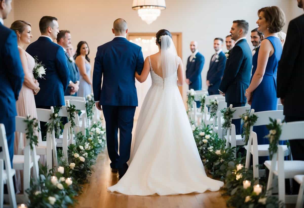 A figure stands at the end of the aisle, waiting to escort the bride forward in a non-traditional ceremony