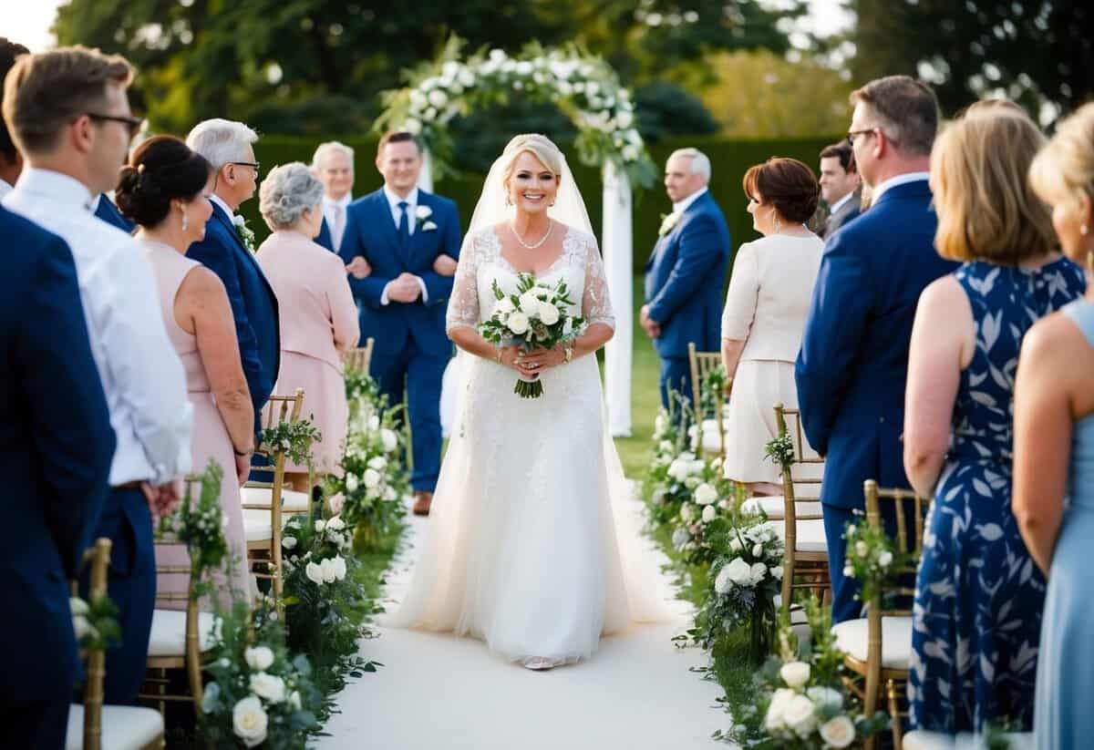The wedding processional shows the mother of the bride walking down the aisle to music, surrounded by other participants in the ceremony