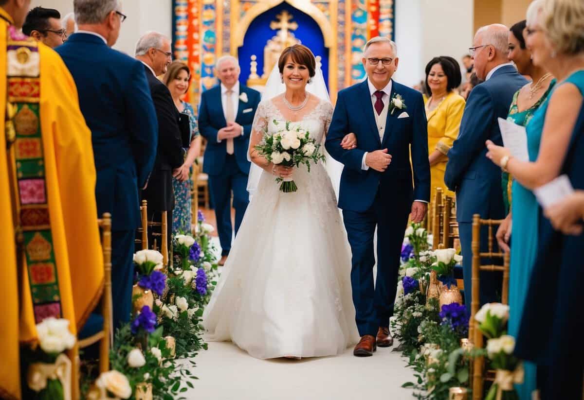 A mother of the bride walks down the aisle to music, surrounded by vibrant cultural and religious symbols