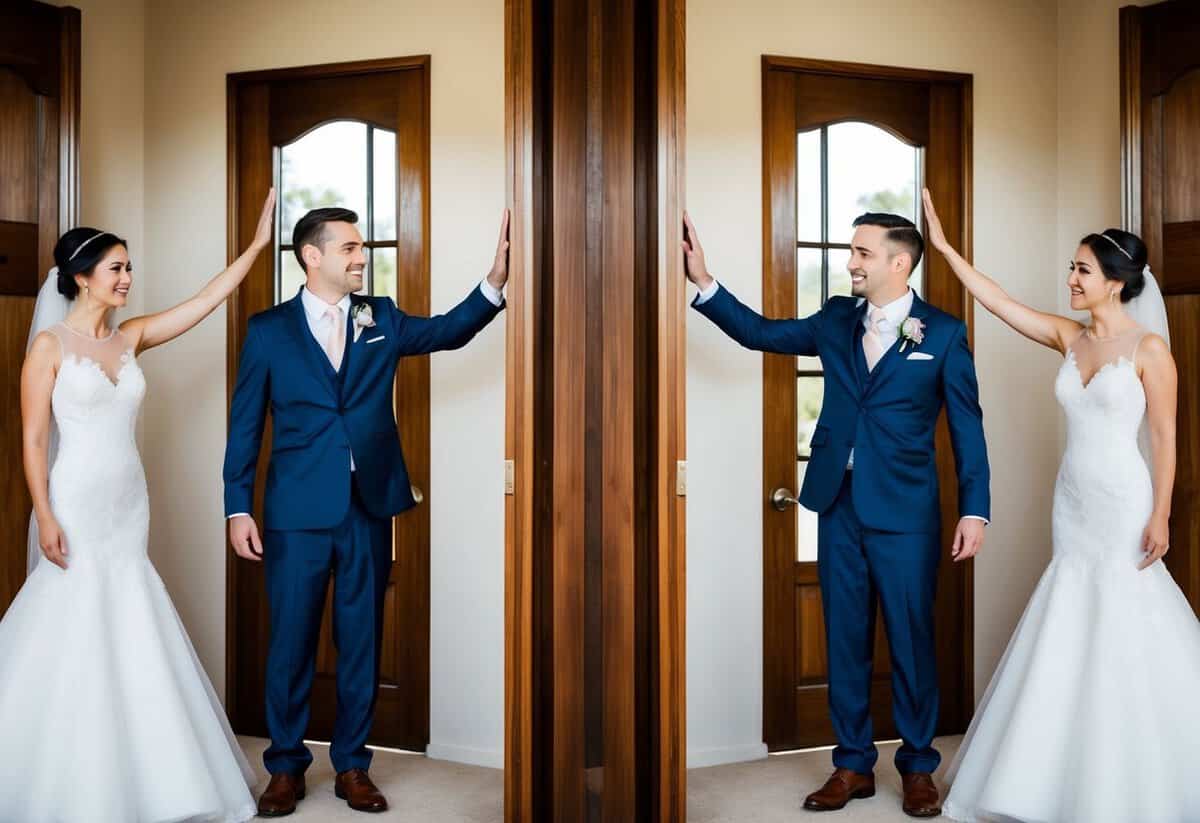 A bride and groom standing on opposite sides of a wooden doorway, each reaching out to touch the wood as if longing to be together