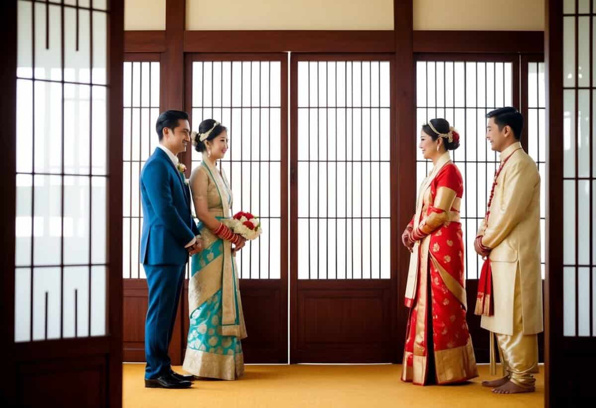 The bride and groom stand on opposite sides of a traditional dividing screen, each participating in separate pre-wedding rituals with their respective families