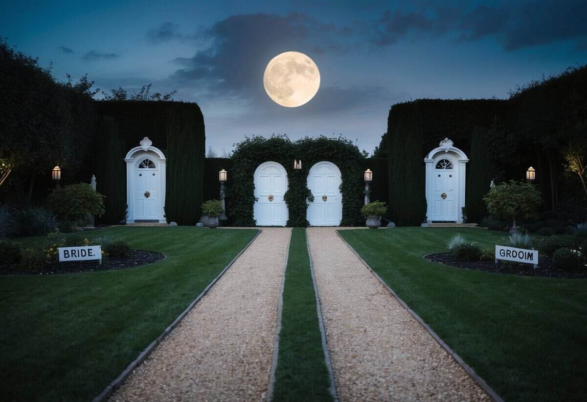 A moonlit garden with two separate paths leading to a pair of ornate doors, one marked "Bride" and the other "Groom."