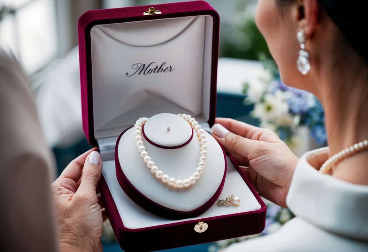A delicate pearl necklace is presented to the bride by her mother, nestled in a velvet-lined jewelry box