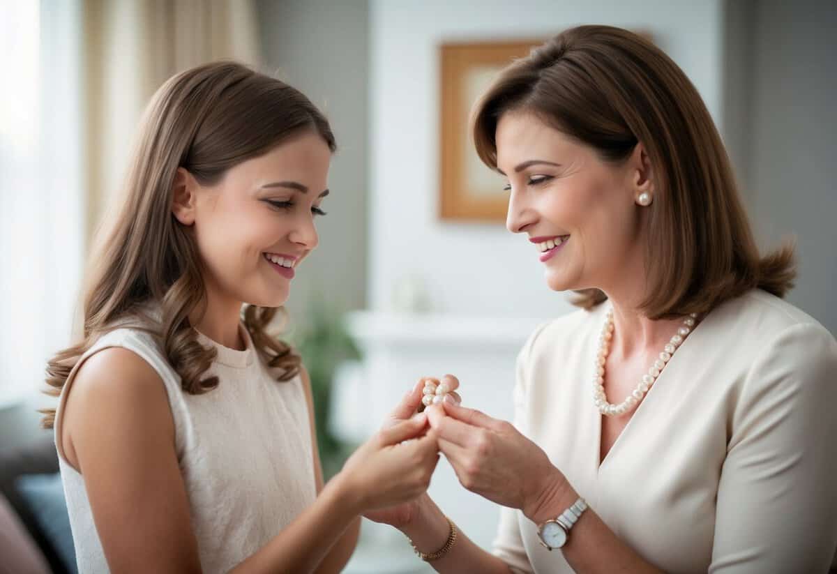 A mother presents her daughter with a delicate pearl necklace, a cherished heirloom passed down through generations