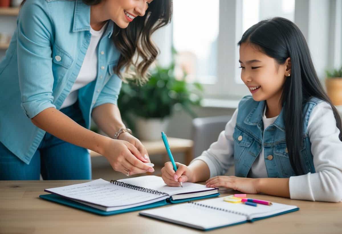 A mother hands her daughter a sleek, modern planner filled with notes and advice for her future