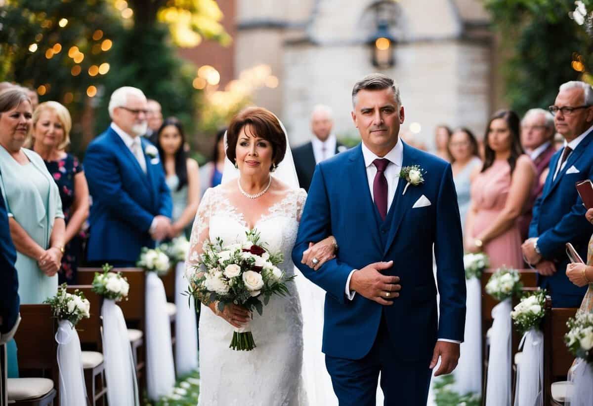 The groom's mother is escorted down the aisle by a close family member or friend