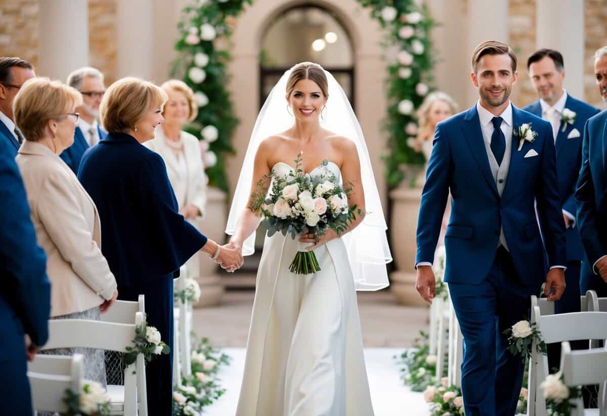 A figure walks down the aisle, carrying a bouquet and leading the mother of the groom with grace and poise