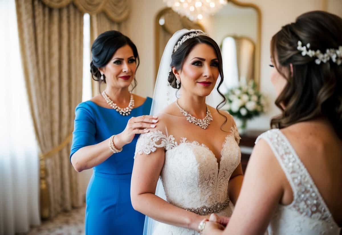 The mother of the bride should not interfere with the bride's hair and makeup preparations, and should refrain from making any last-minute changes to the wedding dress