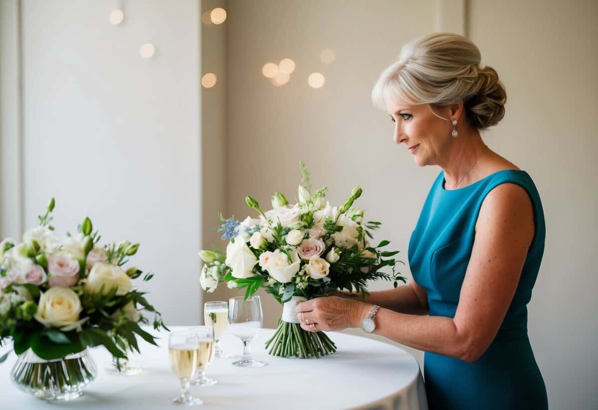 A mother of the bride delicately arranging flowers on a table, with a thoughtful expression on her face