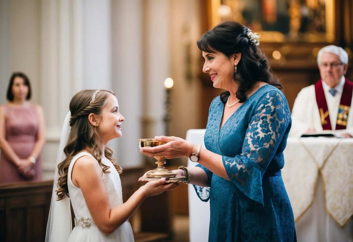 A mother stands beside her daughter, holding out a symbolic object to her as she stands at the altar
