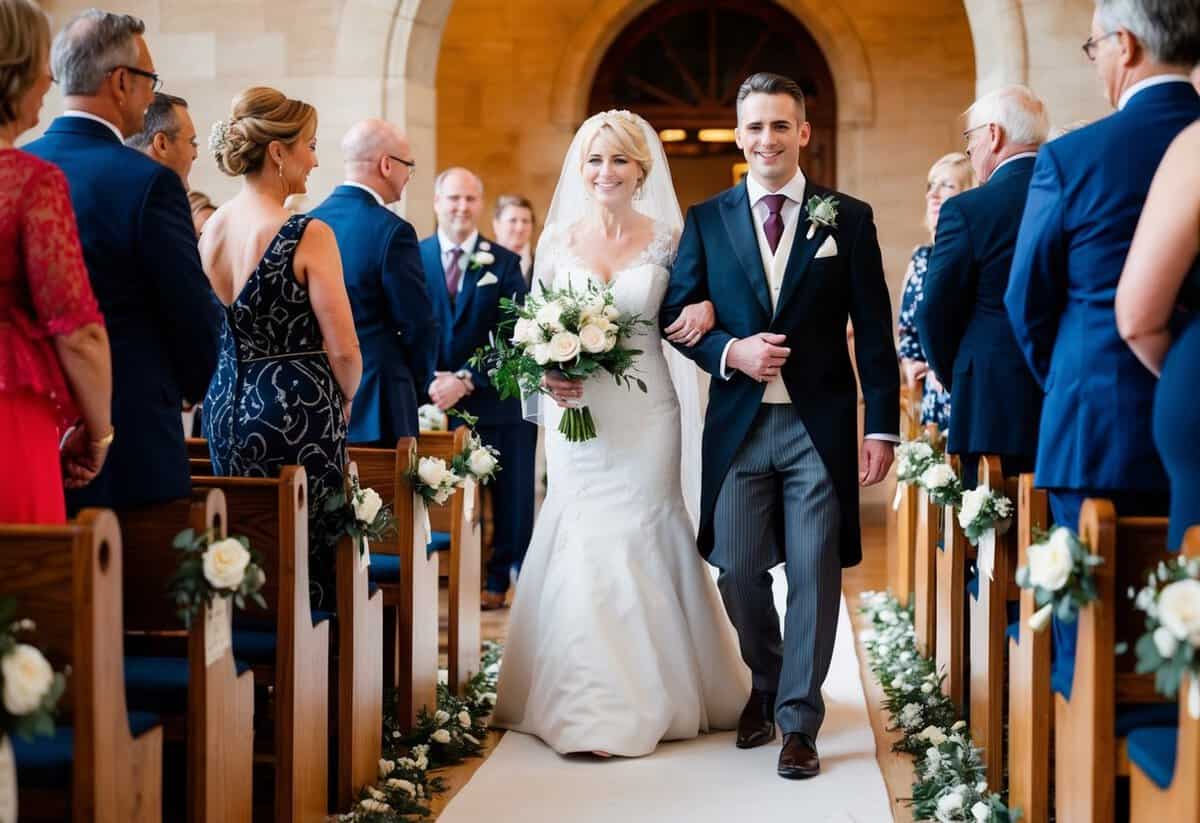 A figure escorts the mother of the groom down the aisle