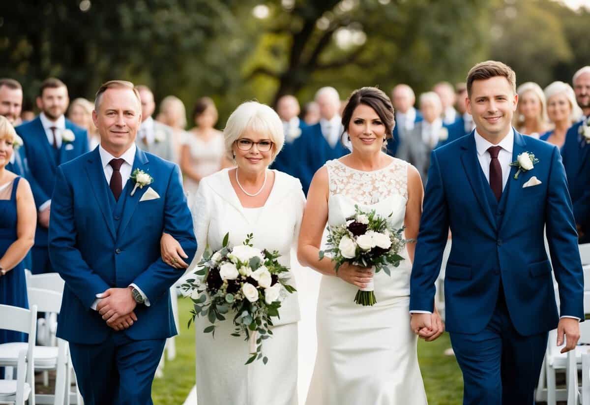 A proud mother walks alongside the mother of the groom, offering support and guidance as they make their way down the aisle