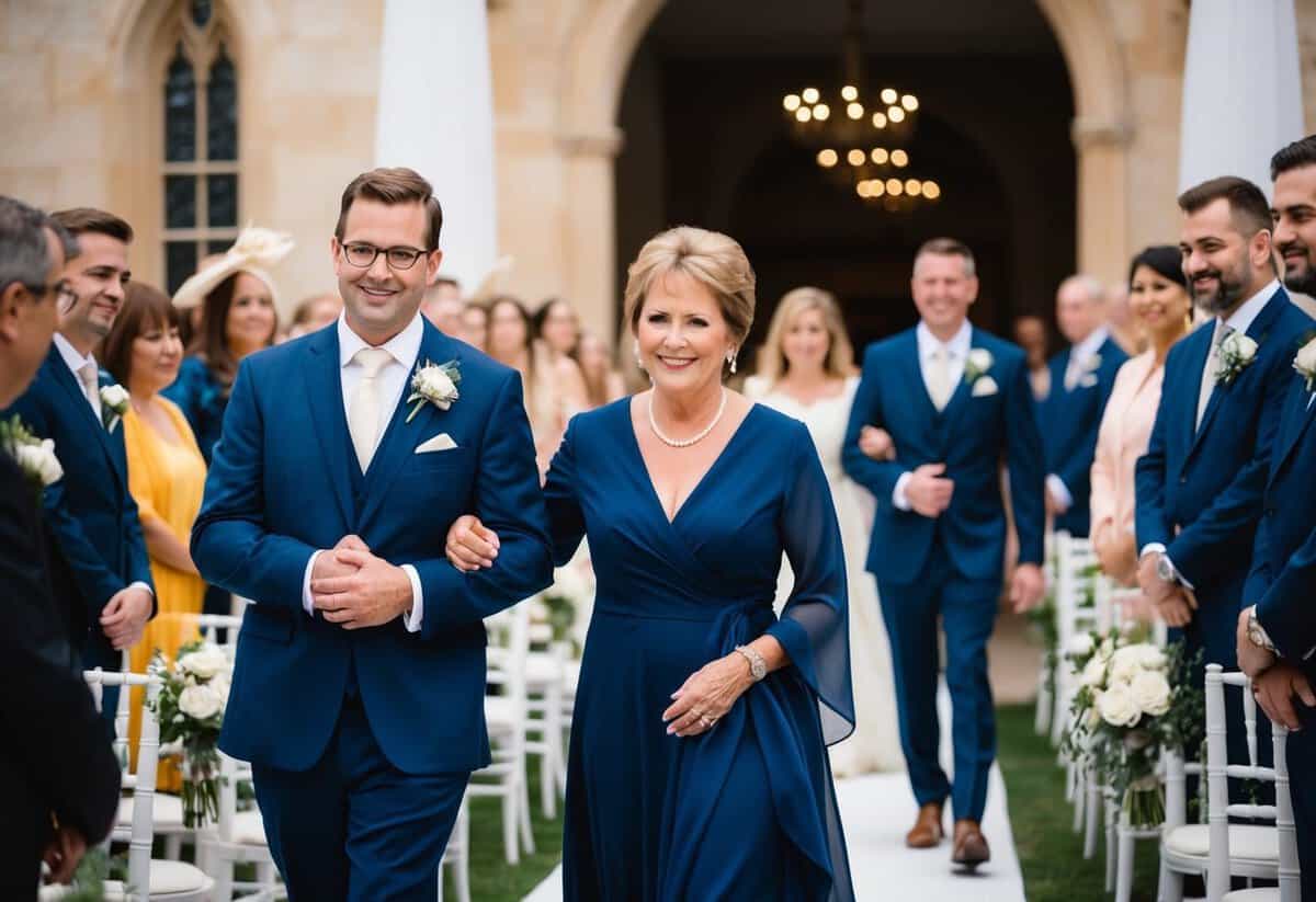 The mother of the groom is escorted down the aisle by a close family member or friend, as the wedding ceremony processional begins
