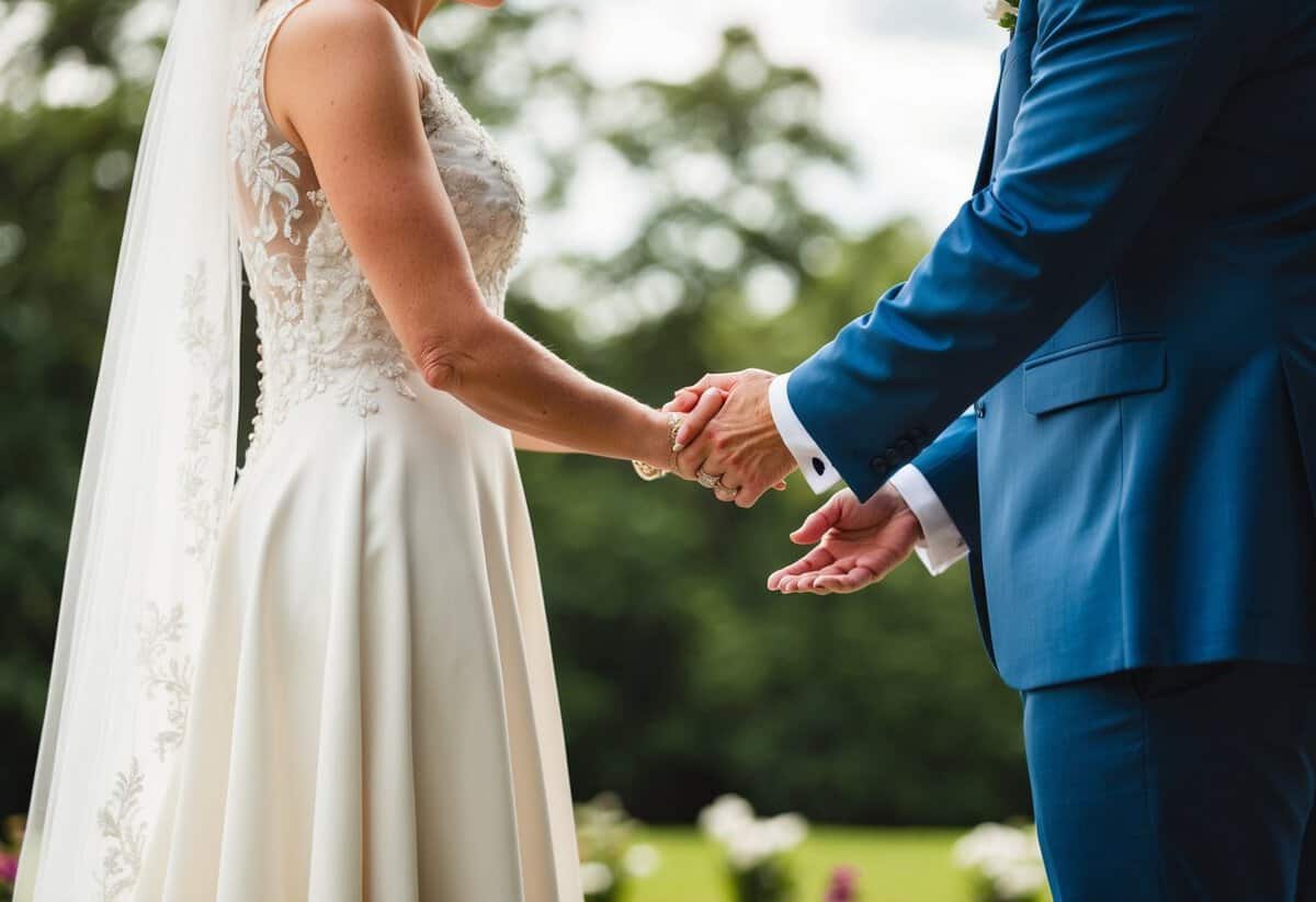 A mother and daughter stand together, facing the groom. The mother gently places her daughter's hand into the groom's, symbolizing her support and blessing