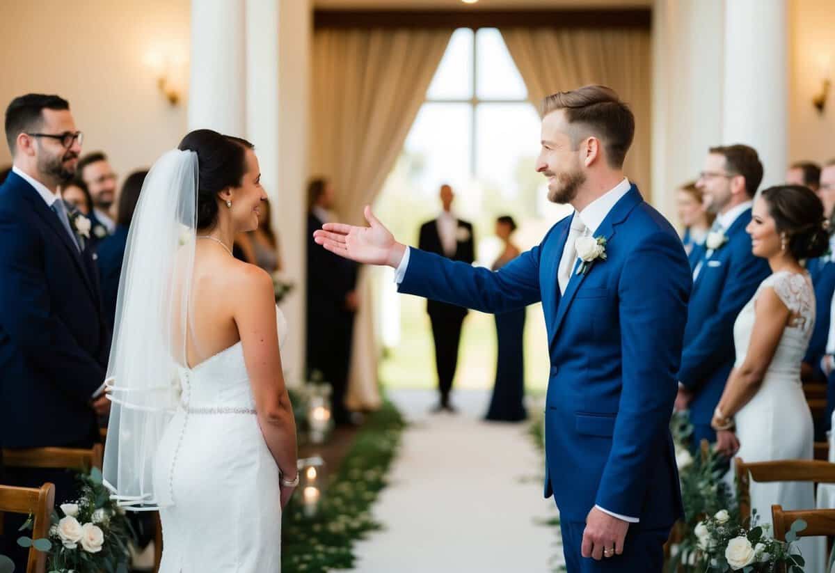 A figure stands at the front of a wedding aisle, gesturing toward another figure walking toward them