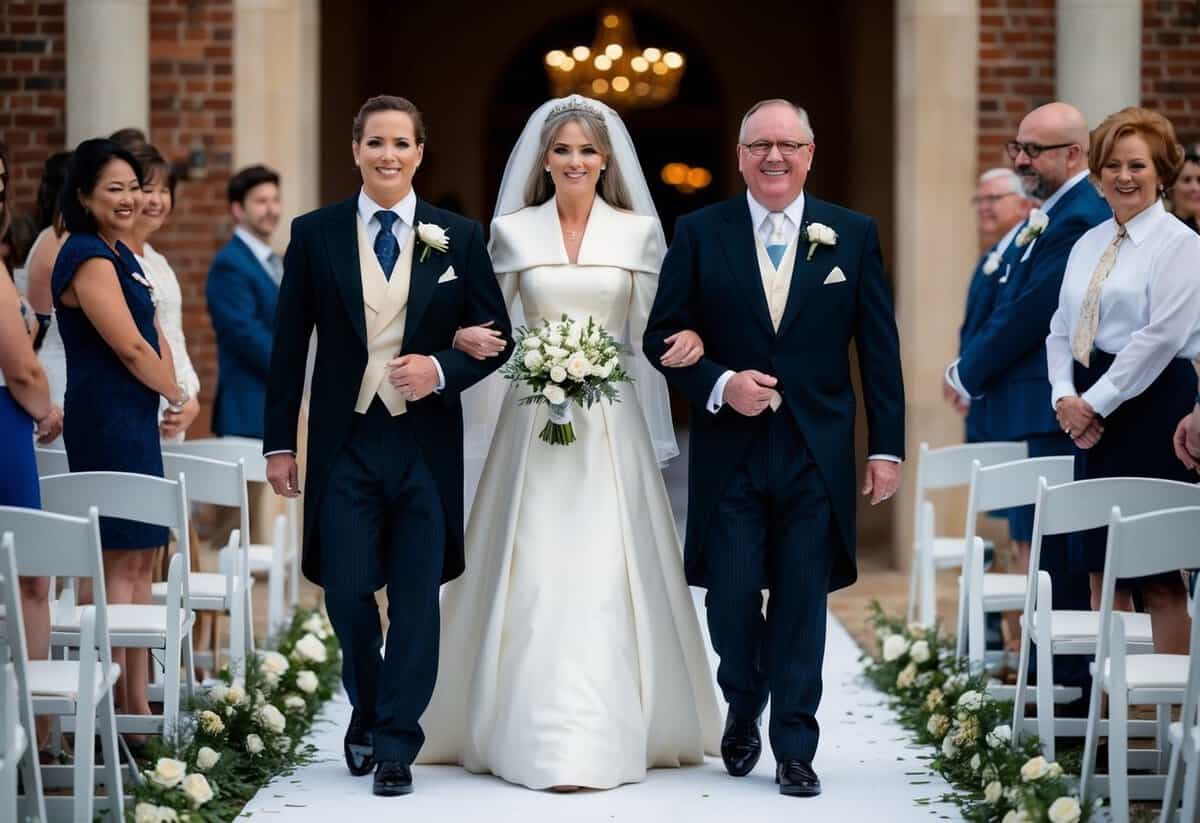 A figure in formal attire escorts another figure in formal attire down the aisle