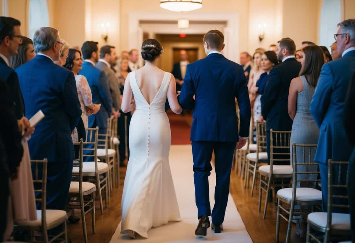 A figure in formal attire escorts another figure in formal attire down a long aisle. The room is filled with onlookers as the two figures make their way towards the exit