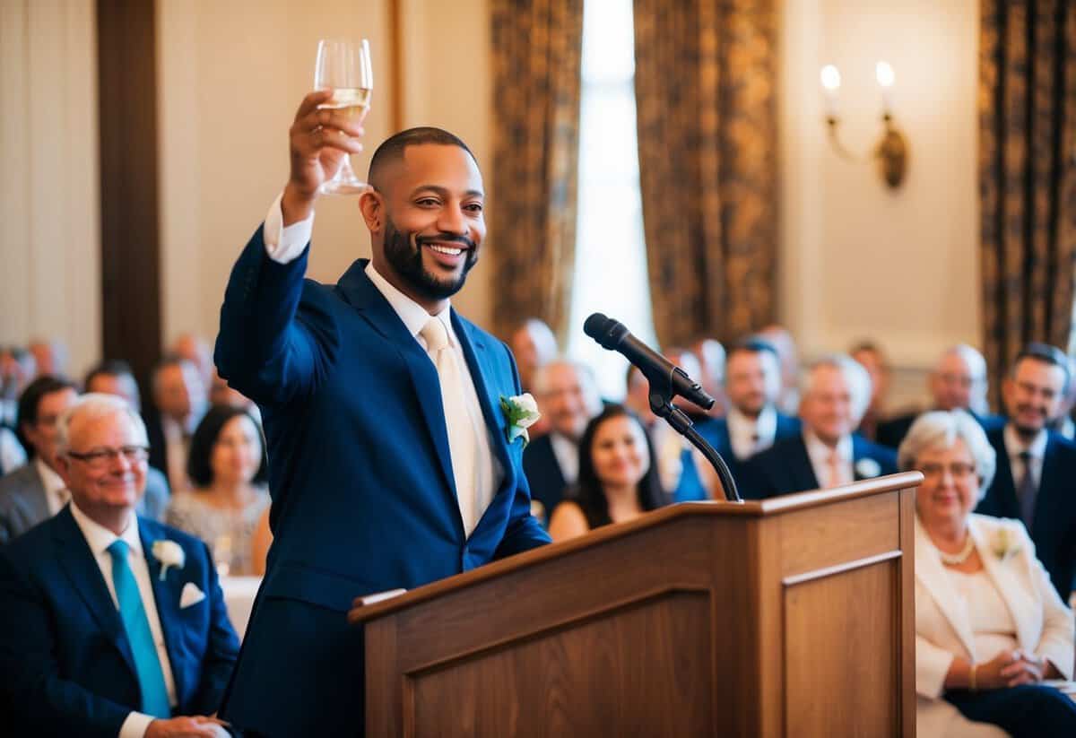 A man stands at a podium, raising a glass in a room filled with guests. He smiles as he delivers a heartfelt speech