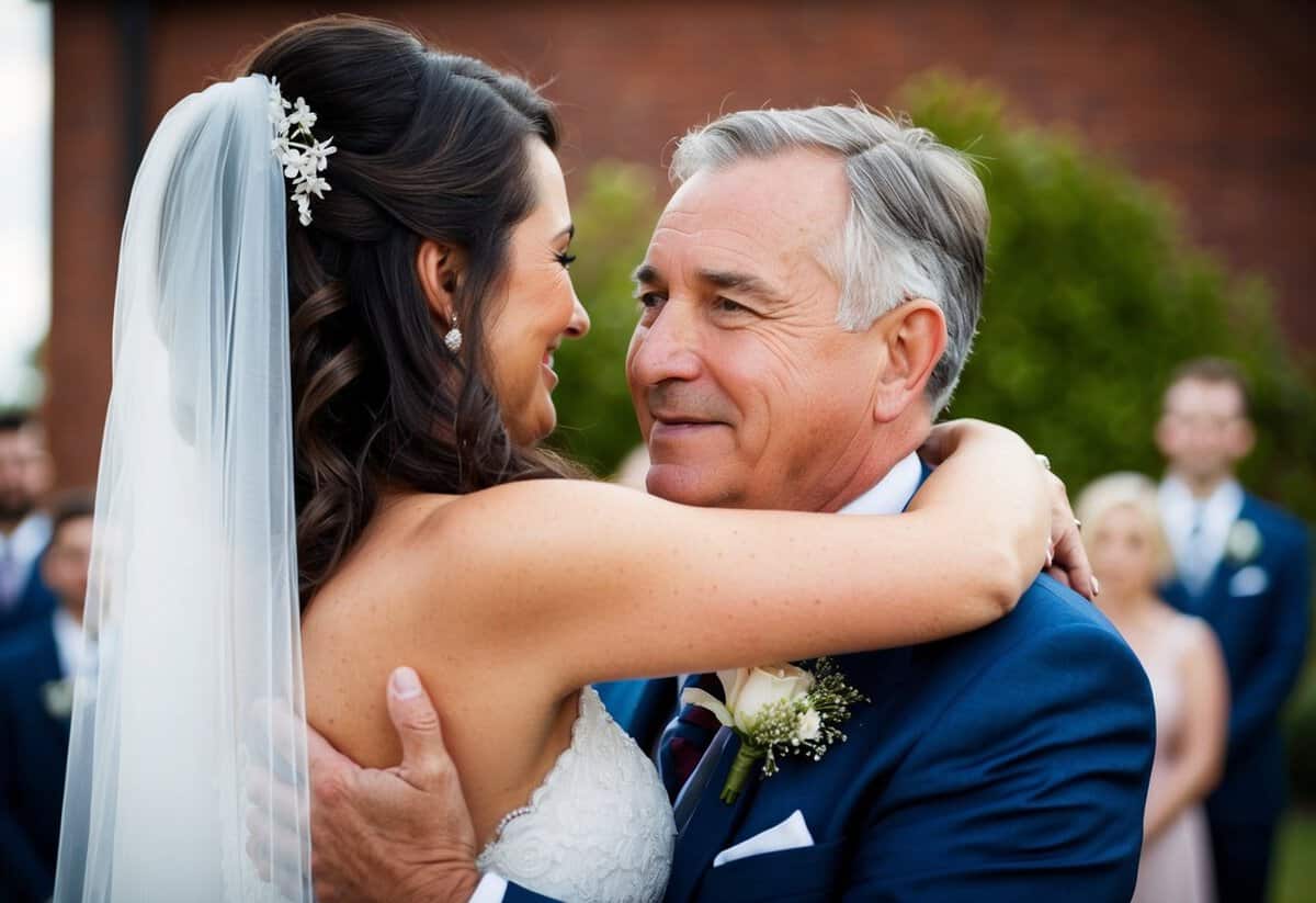 The father of the bride embraces her before handing her over to the groom, with a proud and bittersweet expression on his face