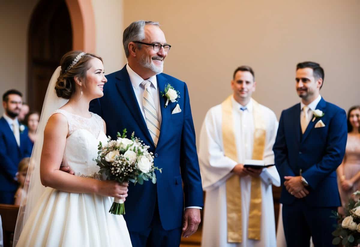 A father stands beside his daughter, smiling, as she holds a bouquet. They face a groom, waiting at the altar