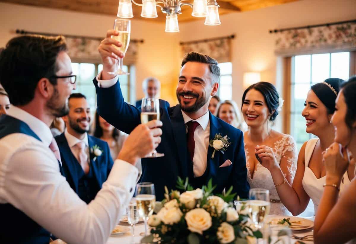 A man raises a glass in a room filled with joy and warmth. He smiles as he shares heartfelt words with the couple, surrounded by loved ones