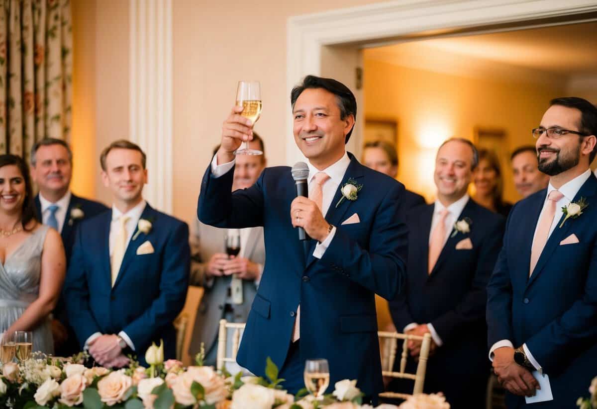A man stands at a microphone, raising a glass. Other guests listen attentively, some smiling. The room is warmly lit, with floral decorations