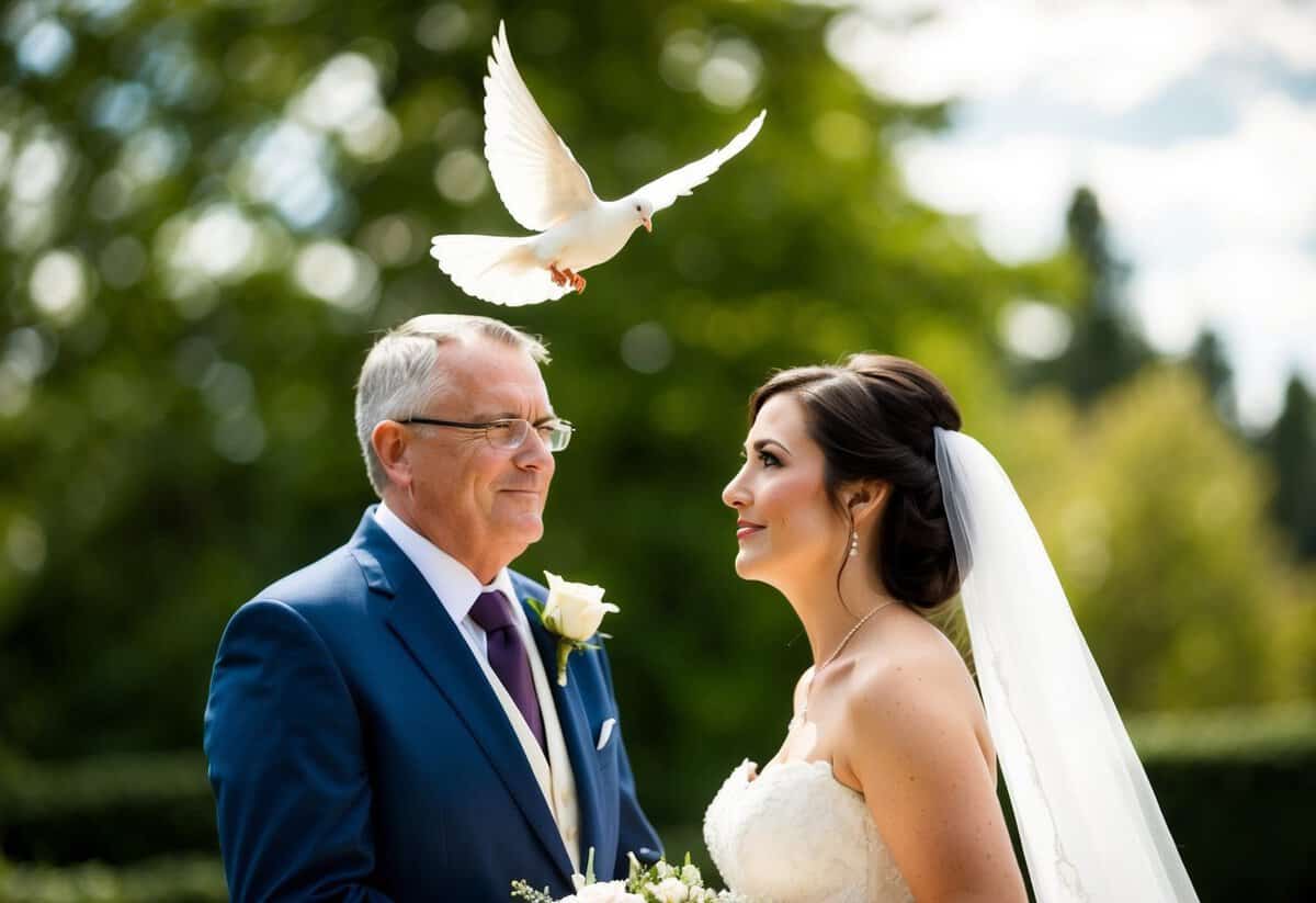 A bride releases a white dove as her father looks on, symbolizing the tradition of giving away daughters at weddings
