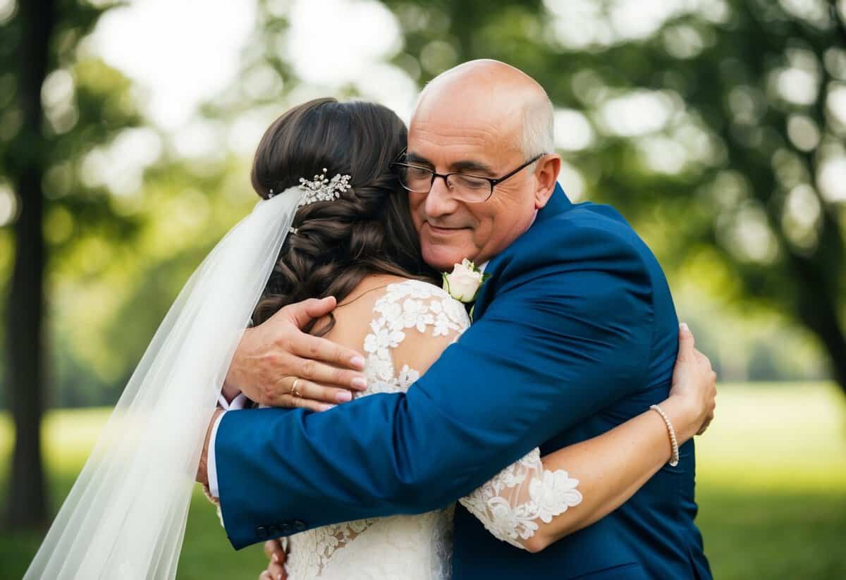 The father of the bride embraces her tightly before releasing her to the groom, conveying love and trust