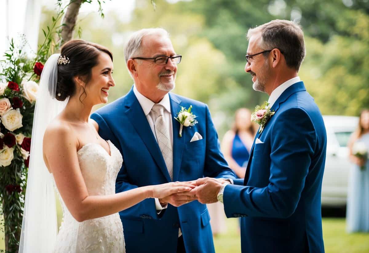 A father standing beside his daughter, symbolically passing her to her partner at a wedding ceremony